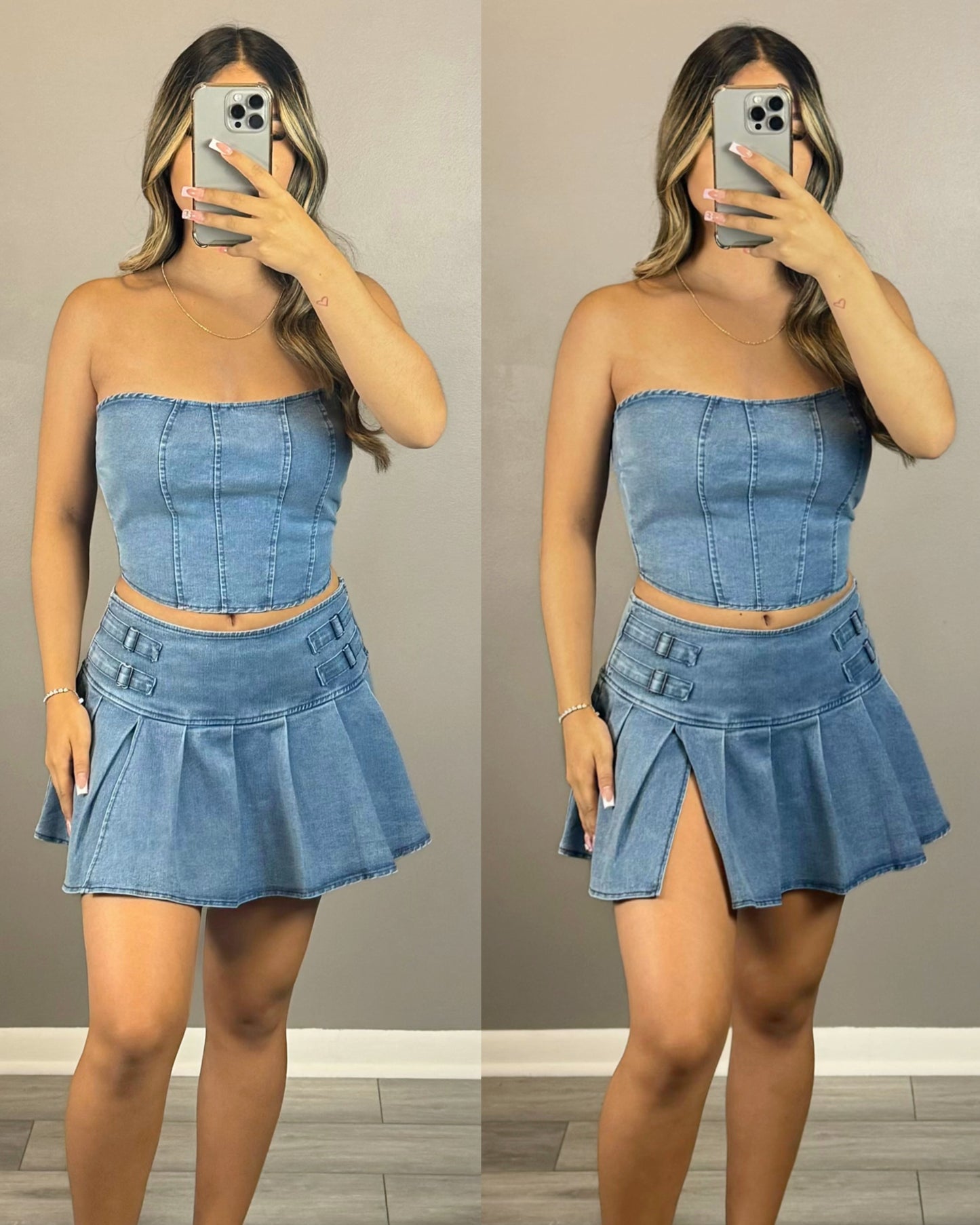 Denim Pleated Skirt Set