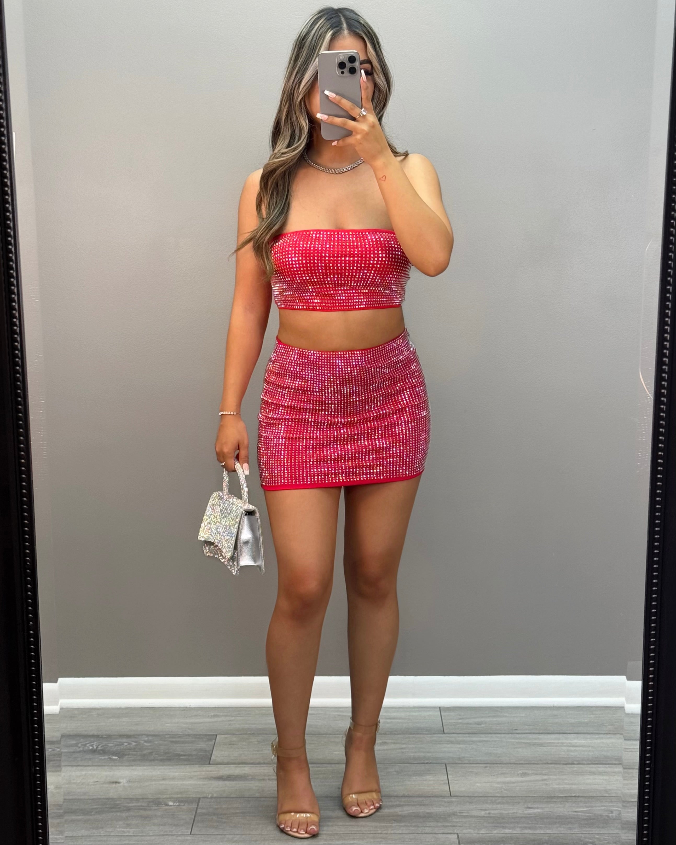 Rhinestone Mini Skirt Set