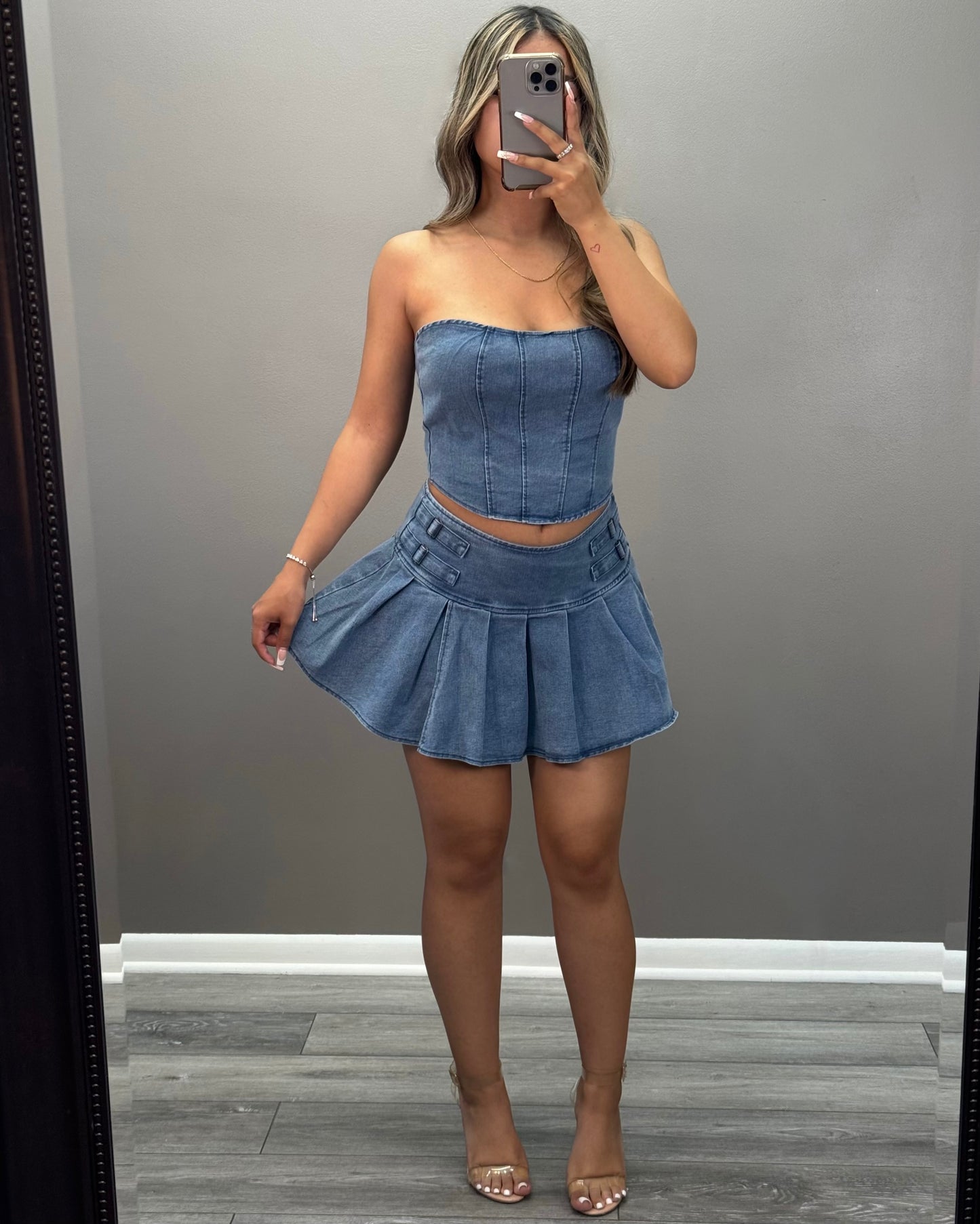 Denim Pleated Skirt Set