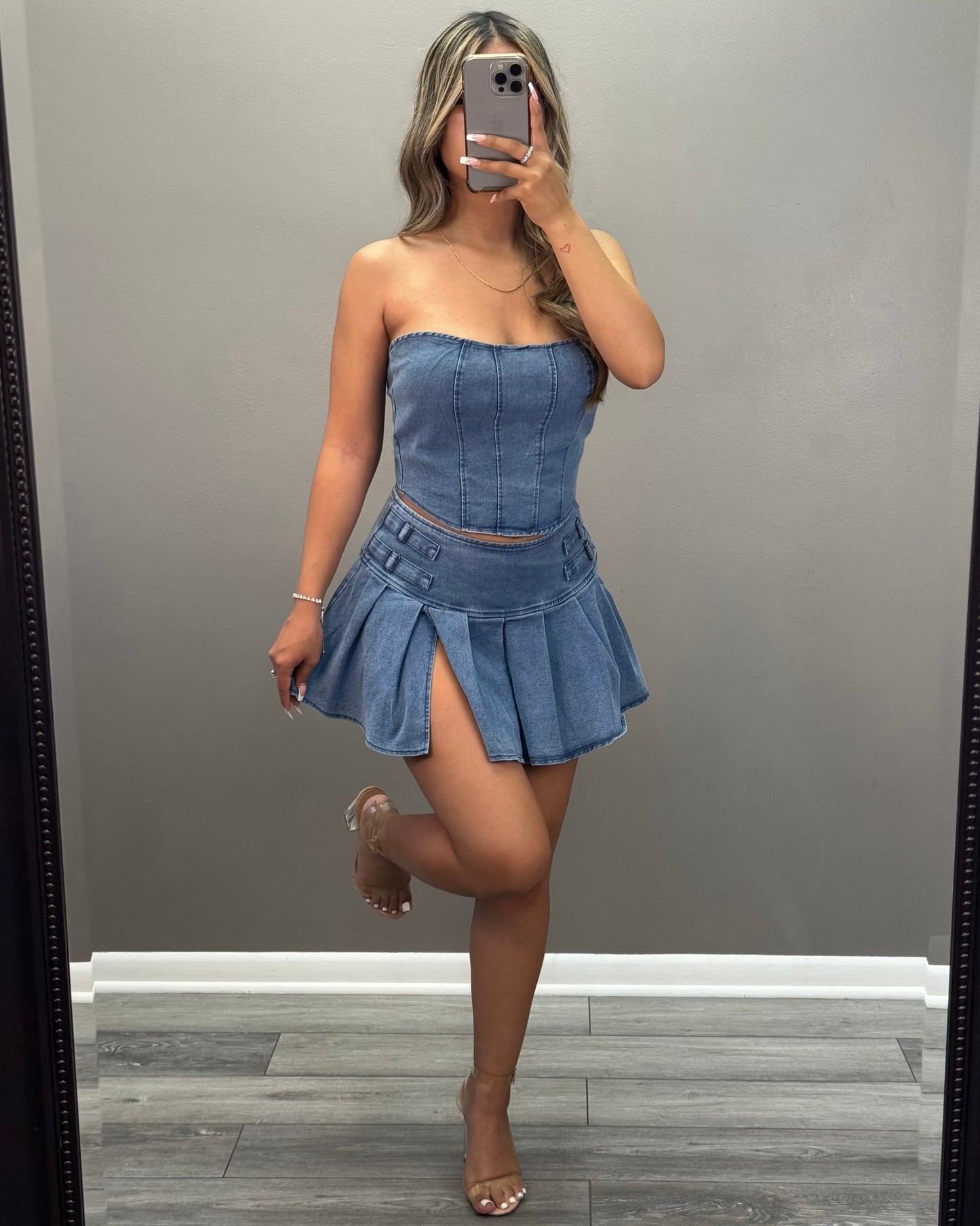 Denim Pleated Skirt Set