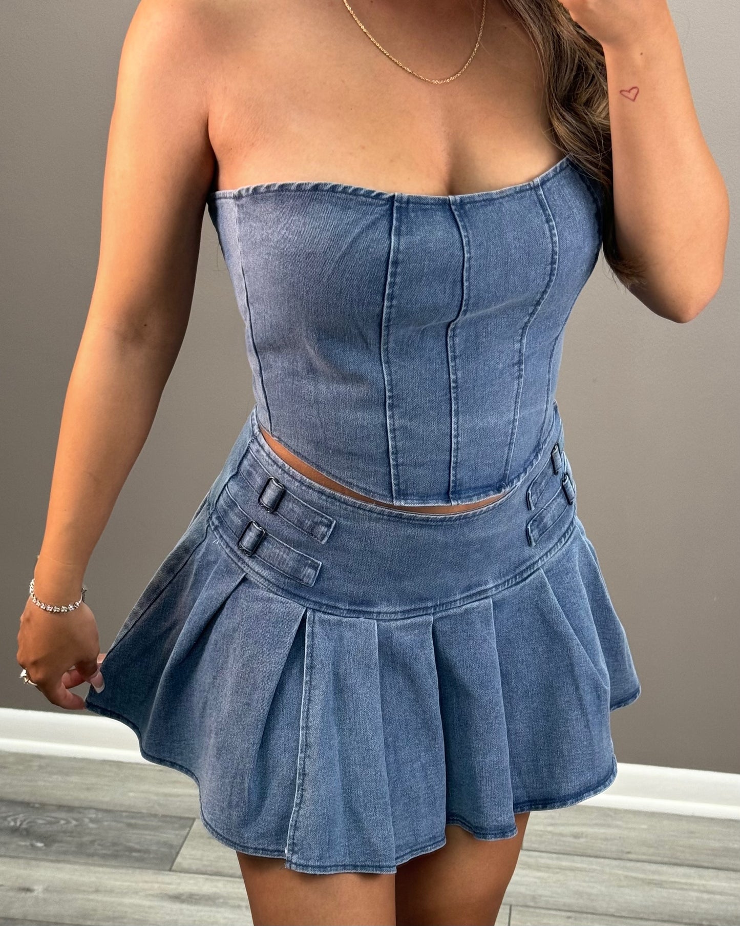 Denim Pleated Skirt Set